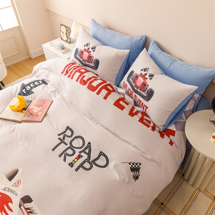 91家纺网 家纺一手货源 找家纺 馨语家居 2025新款全棉双层纱四件套 赛车世界