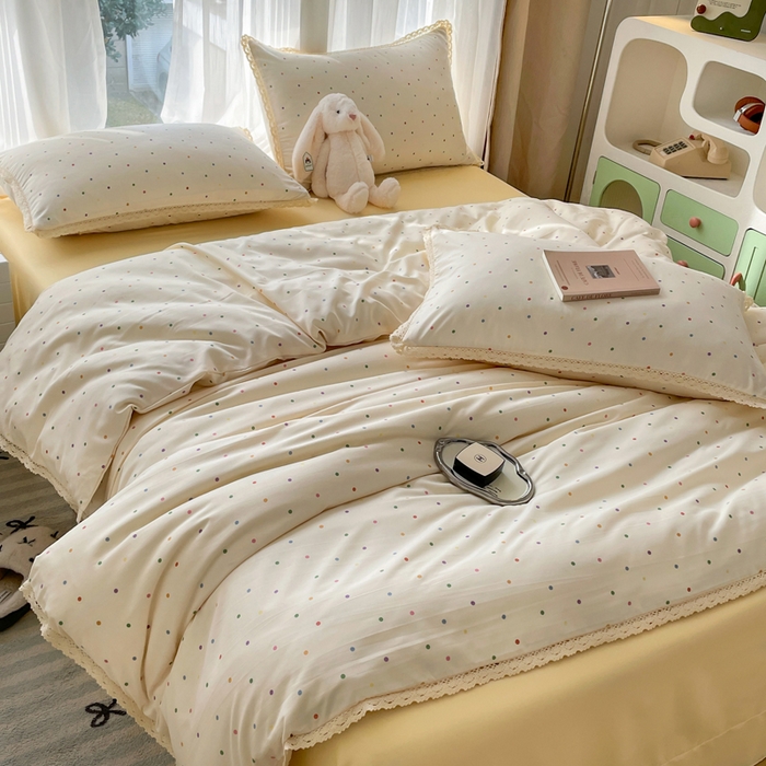 91家纺网 家纺一手货源 找家纺 仟网汇 2025新款韩版镂空花边针织双层纱四件套 彩波点