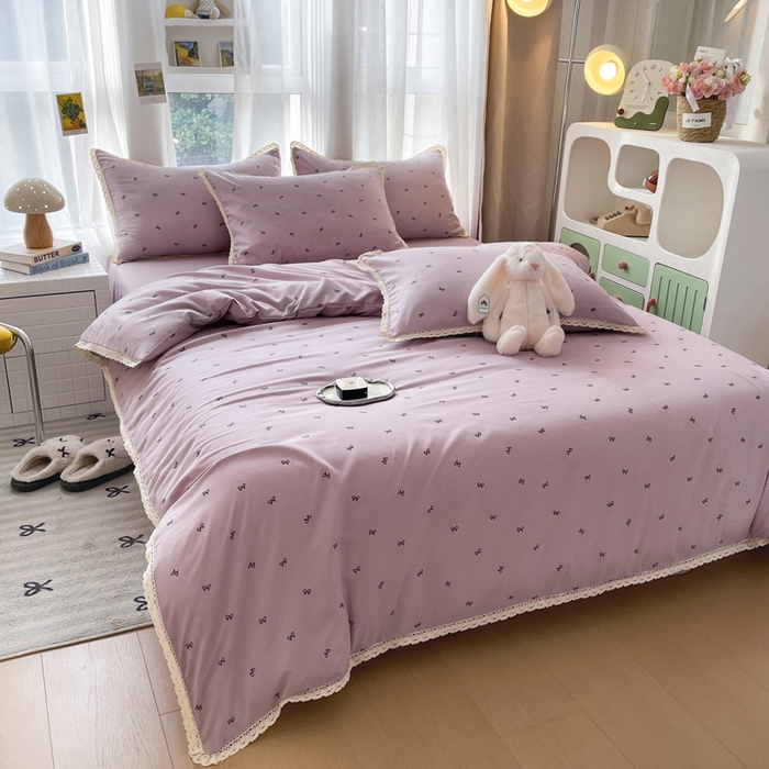 91家纺网 家纺一手货源 找家纺 仟网汇 2025新款韩版镂空花边针织双层纱四件套 可颂紫