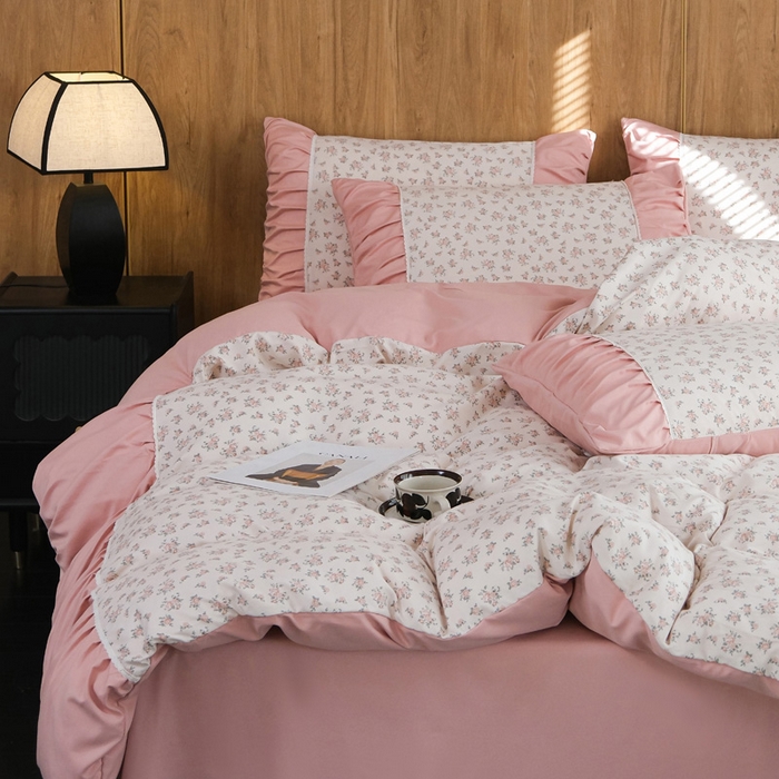 91家纺网 家纺一手货源 找家纺 布可家纺 2025新款A类法式清新褶皱印花四件套 悠悠香草