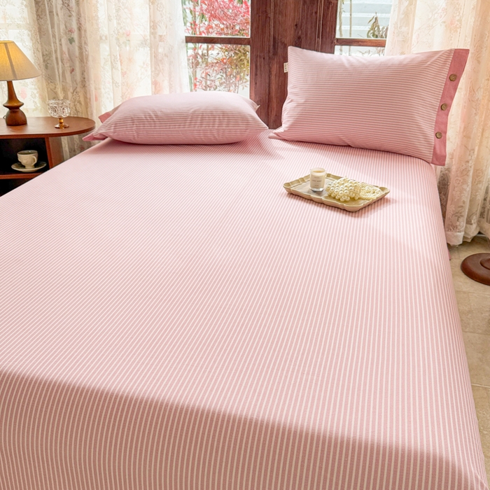 91家纺网 家纺一手货源 找家纺 简宜家居 2025新款宽边纯棉全棉老粗布床单 条纹-粉桃宽边