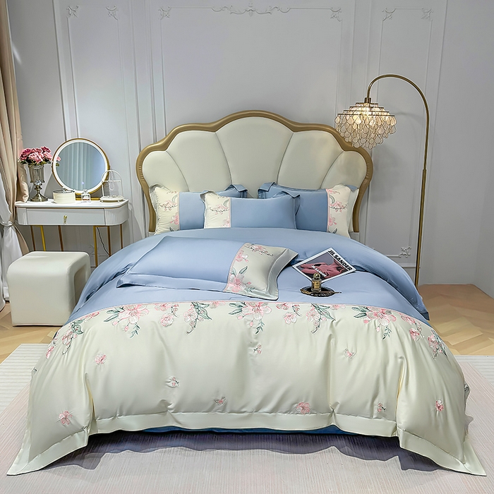 91家纺网 家纺一手货源 找家纺 宅家居 2025轻奢法式小香风双面纯棉刺绣拼接款长绒棉四件套-樱花恋 繁星蓝