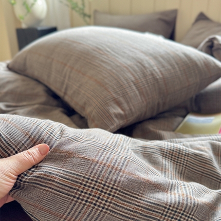 91家纺网 家纺一手货源 找家纺 （总）萝莉家纺 2025新款复古全棉A类色织双层纱皱皱纱格子四件套