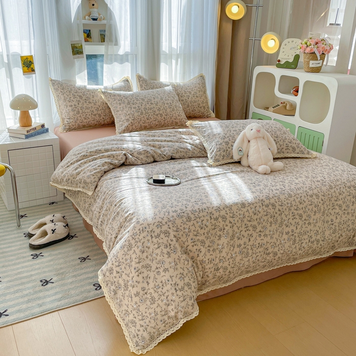 91家纺网 家纺一手货源 找家纺 仟网汇 2025新款韩版镂空花边针织双层纱四件套 茶野