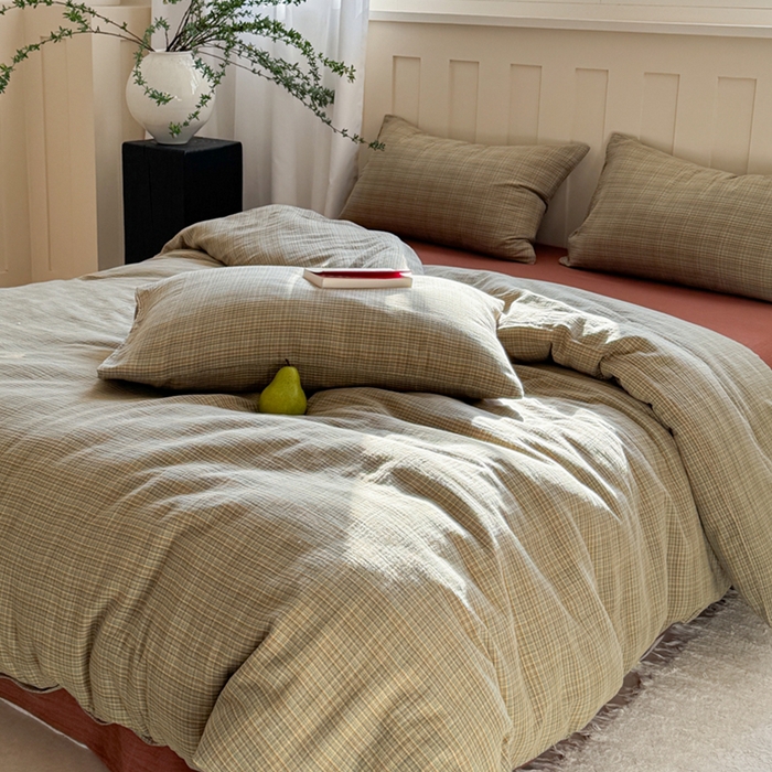 91家纺网 家纺一手货源 找家纺 萝莉家纺 2025新款复古全棉A类色织双层纱皱皱纱格子四件套 浮生湖蓝