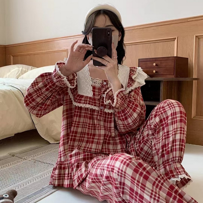 91家纺网 家纺一手货源 找家纺 （总）妍景家居生活馆 2025新款韩系色织棉格子套装酒红