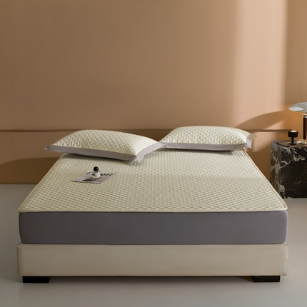 由有2025新款60S长绒棉绗缝大豆夹棉床垫床褥床笠 平铺-奶油米