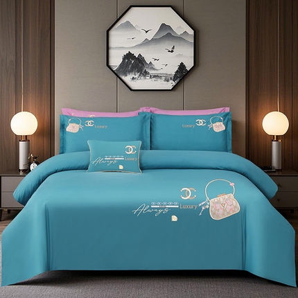 浩情国际婚庆供货中心 2026新款100支全棉高端刺绣中式风四件套--米尔顿系列 米尔顿-孔雀绿