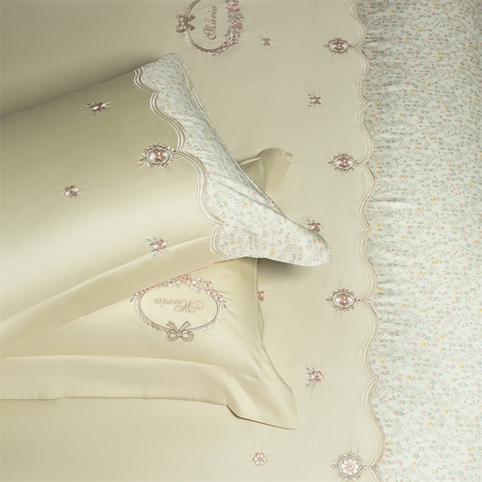 91家纺网 家纺一手货源 找家纺 高大尚婚庆馆 2025新款艾能棉高端绣花四件套-巴黎甜心 巴黎甜心-奶昔黄