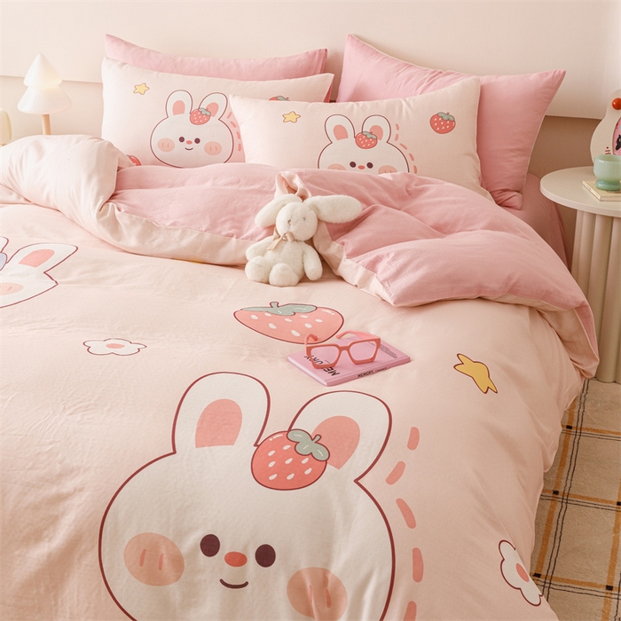 91家纺网 家纺一手货源 找家纺 馨语家居 2025新款全棉双层纱四件套 草莓兔