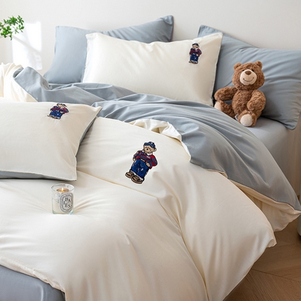 91家纺网 家纺一手货源 找家纺 澳梵家居2025新款A类裸睡级全棉刺绣四件套-英伦小熊 英伦熊-薄荷绿