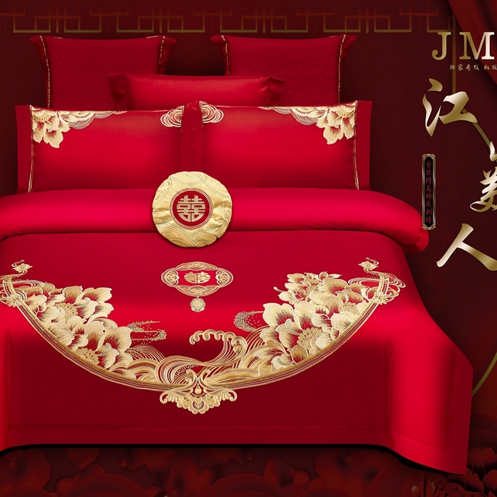 91家纺网 家纺一手货源 找家纺 栩裕纺织 2025新款全棉刺绣婚庆四件套 江山美人