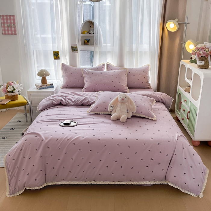 91家纺网 家纺一手货源 找家纺 仟网汇 2025新款韩版镂空花边针织双层纱四件套 可颂紫