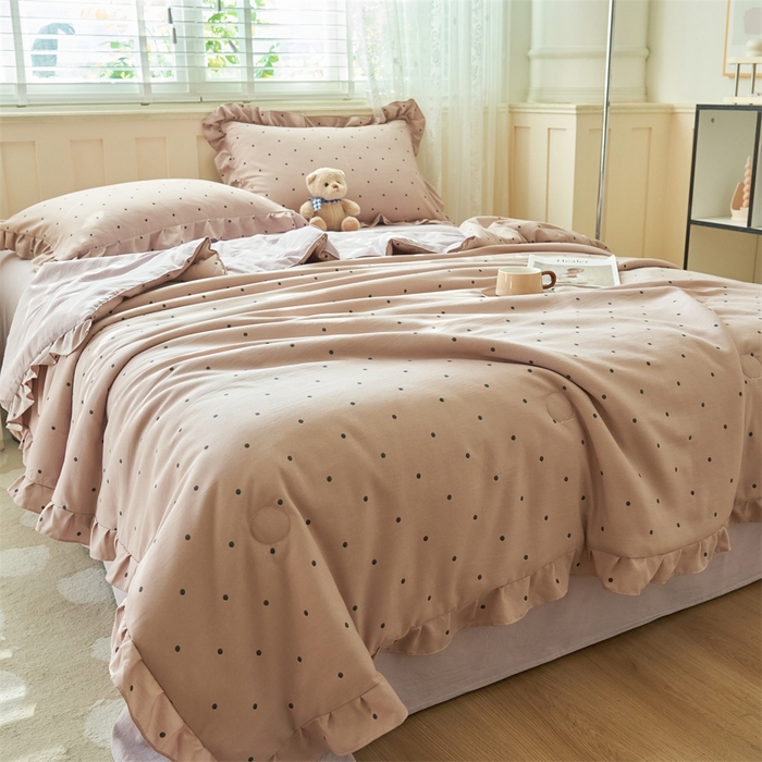 91家纺网 家纺一手货源 找家纺 换种生活 2025新款荷叶边款针织单夏被 四件套 波点-梦幻紫