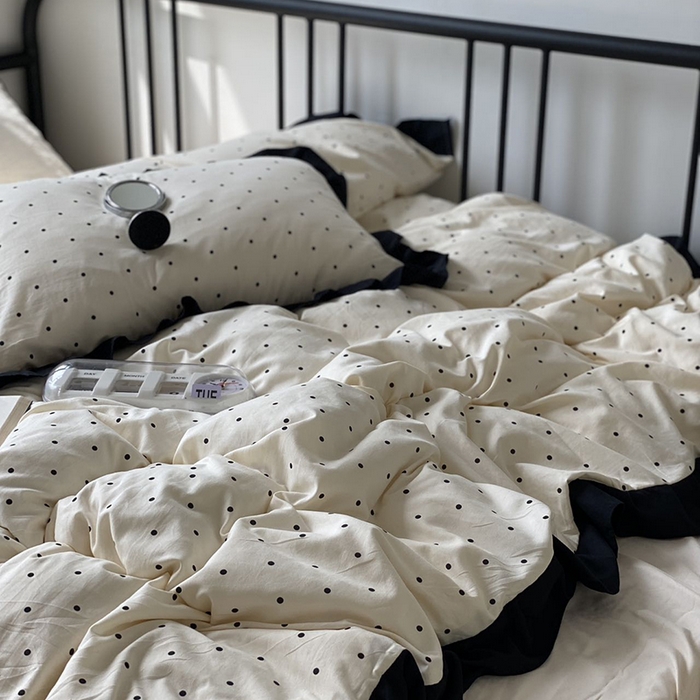 91家纺网 家纺一手货源 找家纺 老K (原美阁） 2025新款水洗棉赫本风波点四件套学生宿舍三件套床单款床笠款 波点米