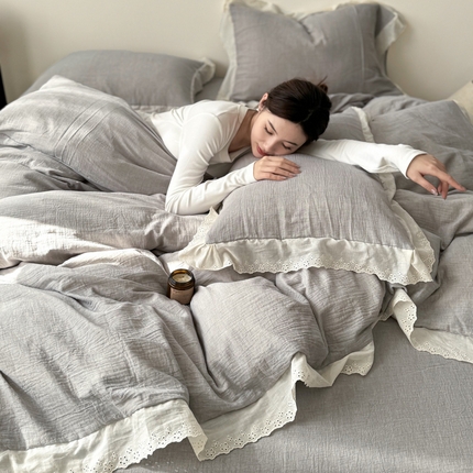 91家纺网 家纺一手货源 找家纺 （总）九沐良品 2025新款全棉双层皱皱沙纯色四件套--安娜