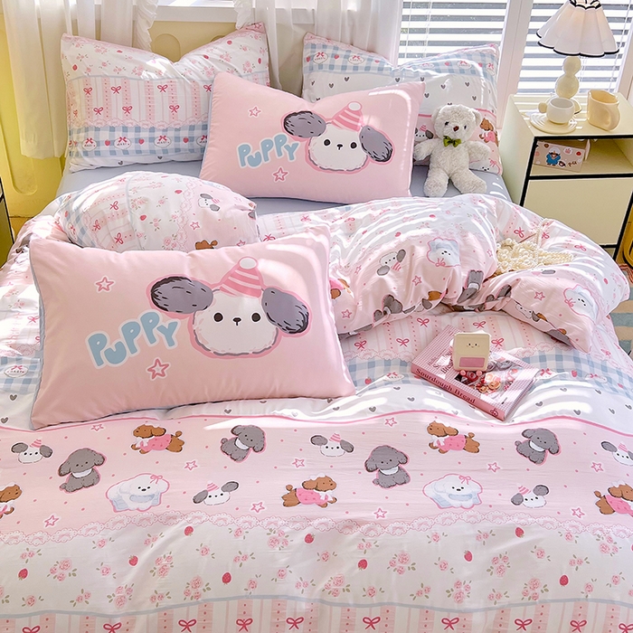 91家纺网 家纺一手货源 找家纺 大麦乐田2025新款超柔大版印花四件套 俏皮小奶狗