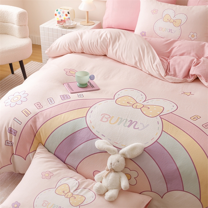 91家纺网 家纺一手货源 找家纺 馨语家居 2025新款全棉双层纱四件套 彩虹兔