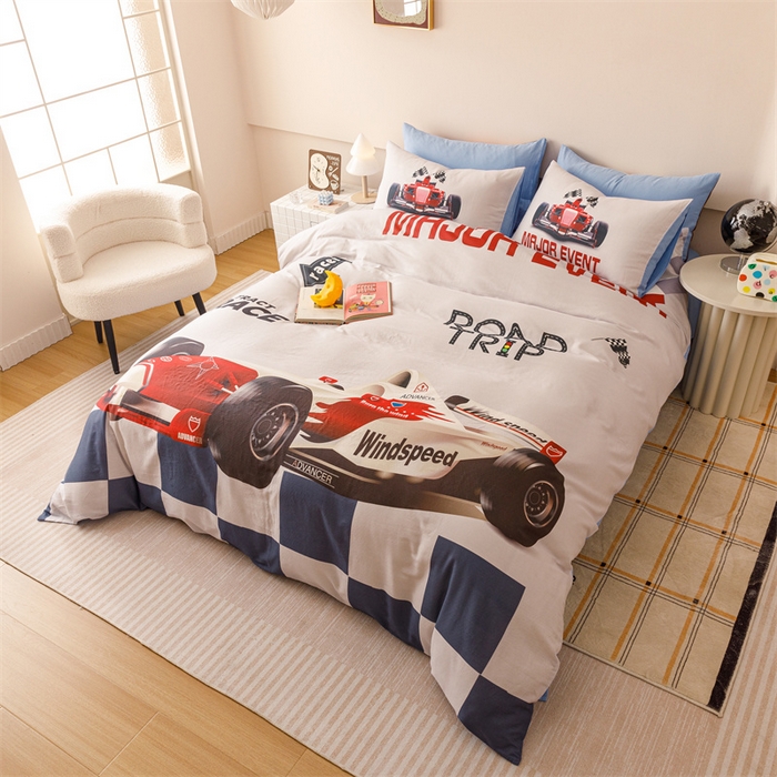 91家纺网 家纺一手货源 找家纺 馨语家居 2025新款全棉双层纱四件套 赛车世界