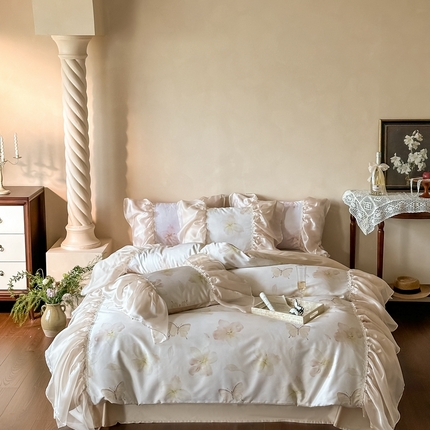 91家纺网 家纺一手货源 找家纺 佳汐蓝家纺 2025新款100支澳棉四件套-蝶恋花 香槟色