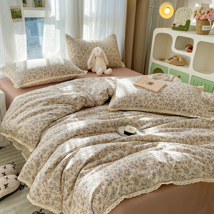 91家纺网 家纺一手货源 找家纺 仟网汇 2025新款韩版镂空花边针织双层纱四件套 茶野