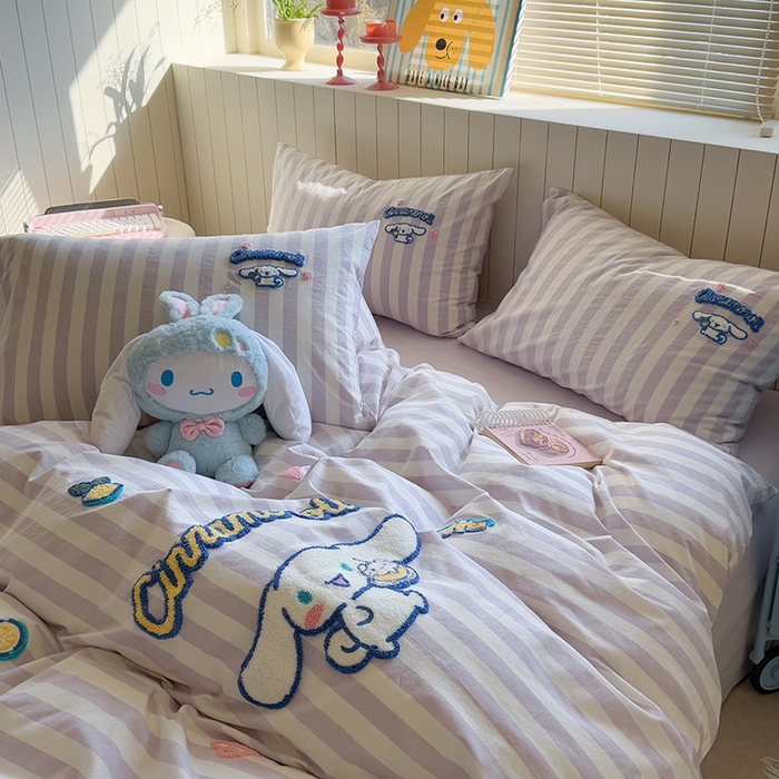 91家纺网 家纺一手货源 找家纺 金爱家 2025新款全棉毛巾绣四件套 毛巾绣-条纹玉桂狗