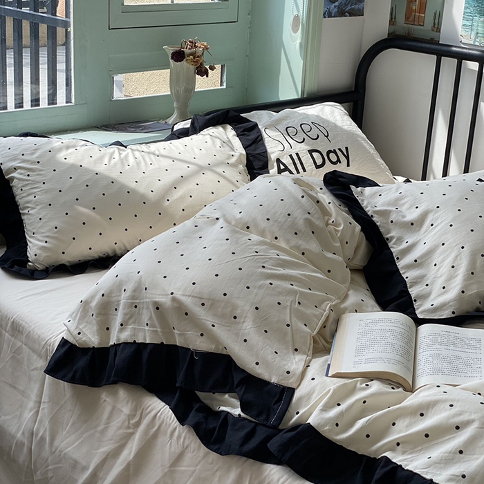 91家纺网 家纺一手货源 找家纺 老K (原美阁） 2025新款水洗棉赫本风波点四件套学生宿舍三件套床单款床笠款 波点米