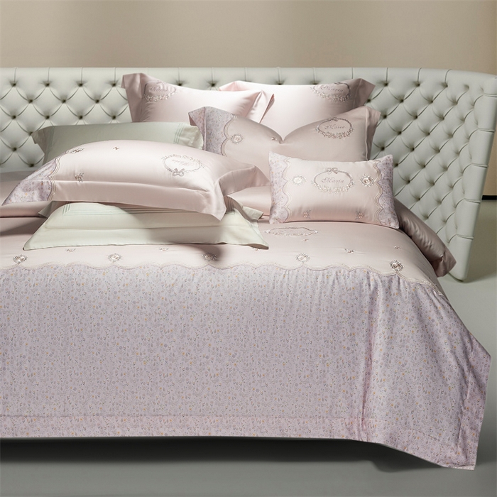 91家纺网 家纺一手货源 找家纺 高大尚婚庆馆 2025新款艾能棉高端绣花四件套-巴黎甜心 巴黎甜心-落樱粉