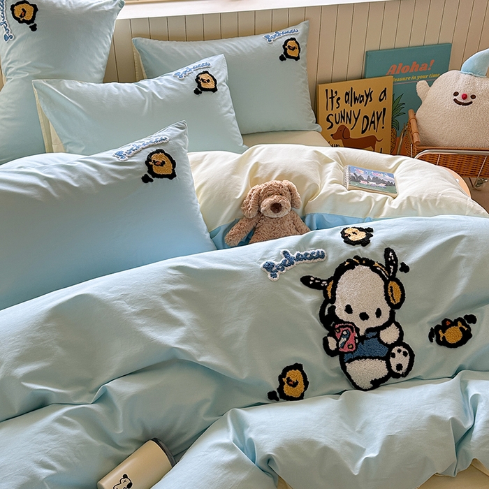 91家纺网 家纺一手货源 找家纺 金爱家 2025新款全棉毛巾绣四件套 毛巾绣-蓝蓝帕哈狗