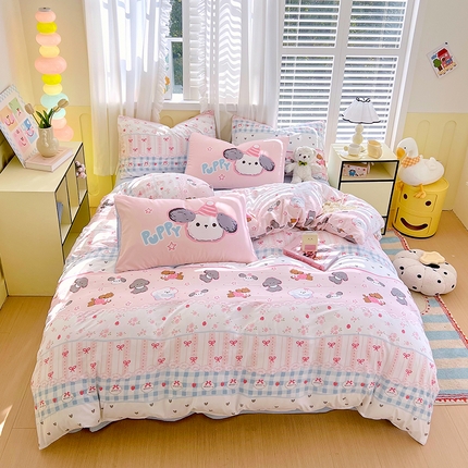 91家纺网 家纺一手货源 找家纺 大麦乐田2025新款超柔大版印花四件套 俏皮小奶狗