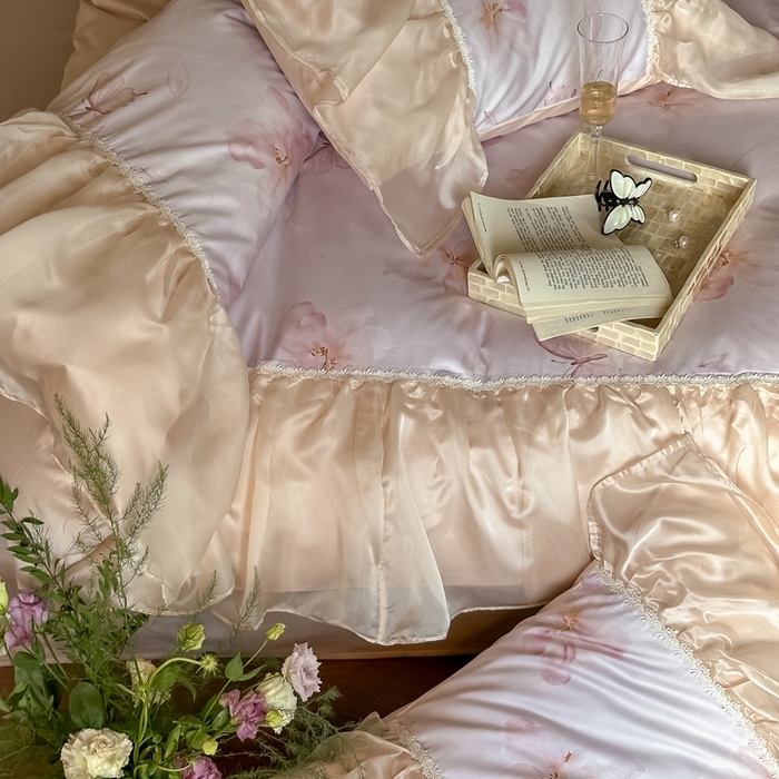 91家纺网 家纺一手货源 找家纺 佳汐蓝家纺 2025新款100支澳棉四件套-蝶恋花 淡粉色