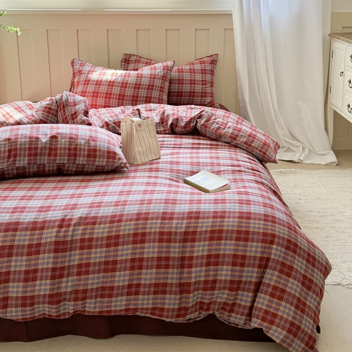 91家纺网 家纺一手货源 找家纺 （总）萝莉家纺 2025新款复古全棉A类色织双层纱皱皱纱格子四件套