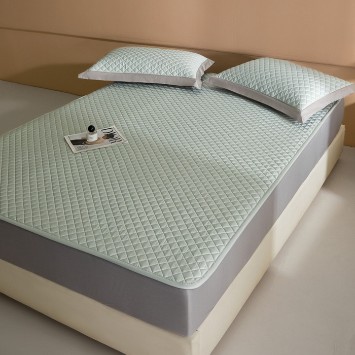 91家纺网 家纺一手货源 找家纺 由有2025新款60S长绒棉绗缝大豆夹棉床垫床褥床笠 平铺-海盐绿