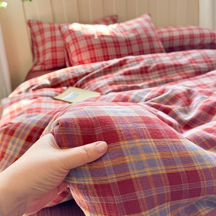 （总）萝莉家纺 2025新款复古全棉A类色织双层纱皱皱纱格子四件套