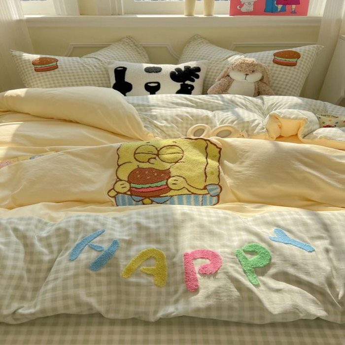 91家纺网 家纺一手货源 找家纺 （总）子钦家纺 2025春夏新款云朵棉拼接毛巾绣卡通床单床笠四件套