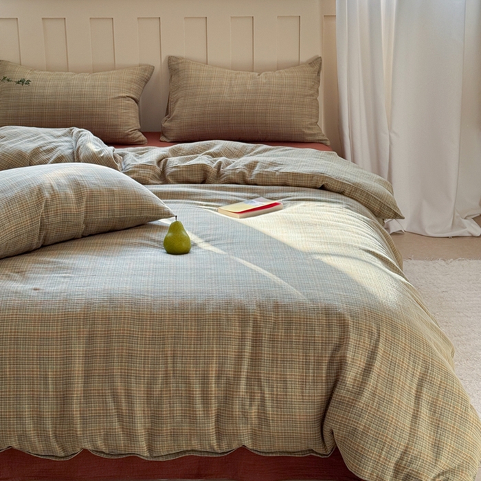 91家纺网 家纺一手货源 找家纺 萝莉家纺 2025新款复古全棉A类色织双层纱皱皱纱格子四件套 浮生湖蓝