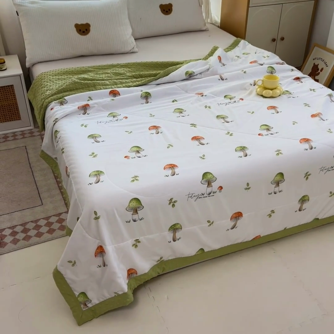 91家纺网 家纺一手货源 找家纺 鑫棉坊 2025新款A类水洗棉豆豆双层纱棉花夏凉被 蘑菇精灵