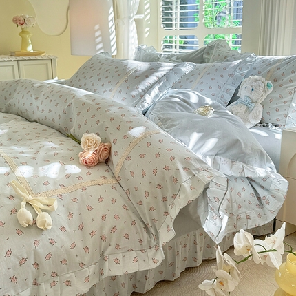 91家纺网 家纺一手货源 找家纺 艾唯希家纺 2025新款韩式全棉蝴蝶结工艺四件套纯棉公主风花边系列 素谷-兰