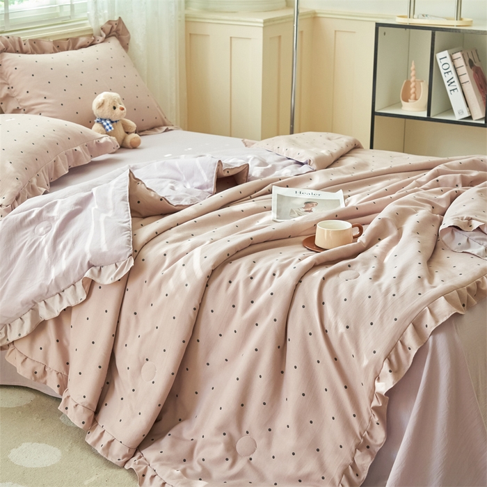 91家纺网 家纺一手货源 找家纺 换种生活 2025新款荷叶边款针织单夏被 四件套 波点-梦幻紫