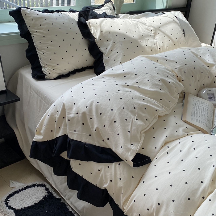 91家纺网 家纺一手货源 找家纺 老K (原美阁） 2025新款水洗棉赫本风波点四件套学生宿舍三件套床单款床笠款 波点米