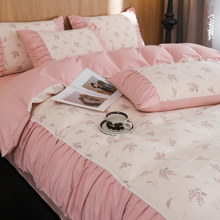 91家纺网 家纺一手货源 找家纺 布可家纺 2025新款A类法式清新褶皱印花四件套 丁香紫藤