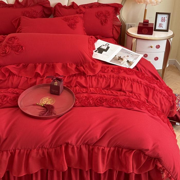 91家纺网 家纺一手货源 找家纺 富盛家纺2025新款婚庆亲肤棉磨毛刺绣四件套 喜庆—甜蜜蜜