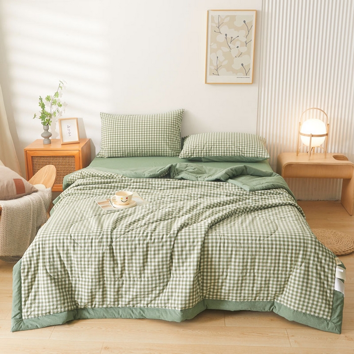 91家纺网 家纺一手货源 找家纺 熙宴 2025新款无印风新疆棉花夏被四件套 绿小格