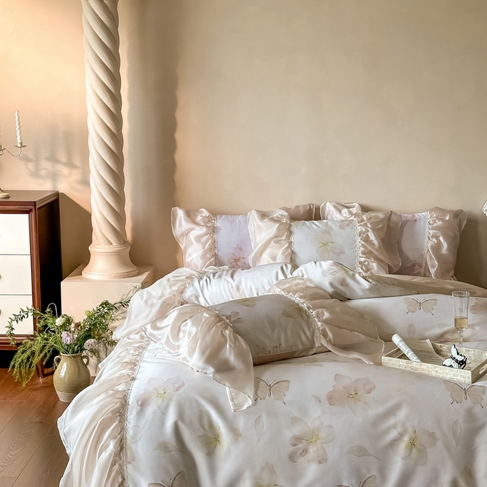 91家纺网 家纺一手货源 找家纺 佳汐蓝家纺 2025新款100支澳棉四件套-蝶恋花 香槟色