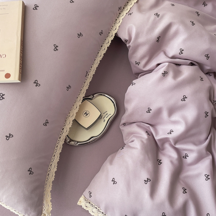 91家纺网 家纺一手货源 找家纺 仟网汇 2025新款韩版镂空花边针织双层纱四件套 可颂紫