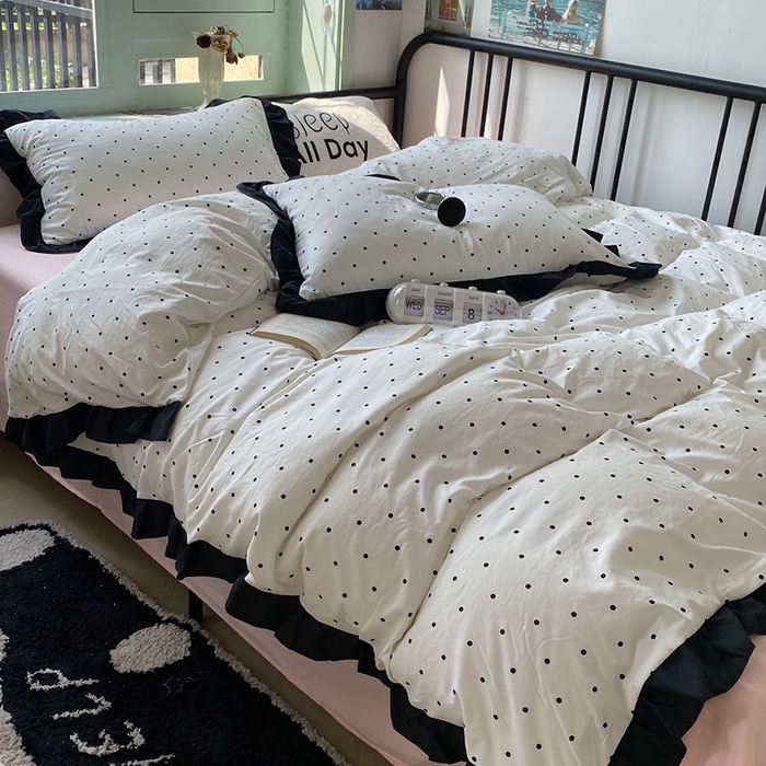 91家纺网 家纺一手货源 找家纺 （总）老K (原美阁） 2025新款水洗棉赫本风波点四件套学生宿舍三件套床单款床笠款