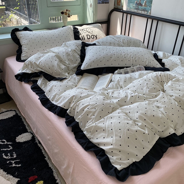 91家纺网 家纺一手货源 找家纺 老K (原美阁） 2025新款水洗棉赫本风波点四件套学生宿舍三件套床单款床笠款 波点白