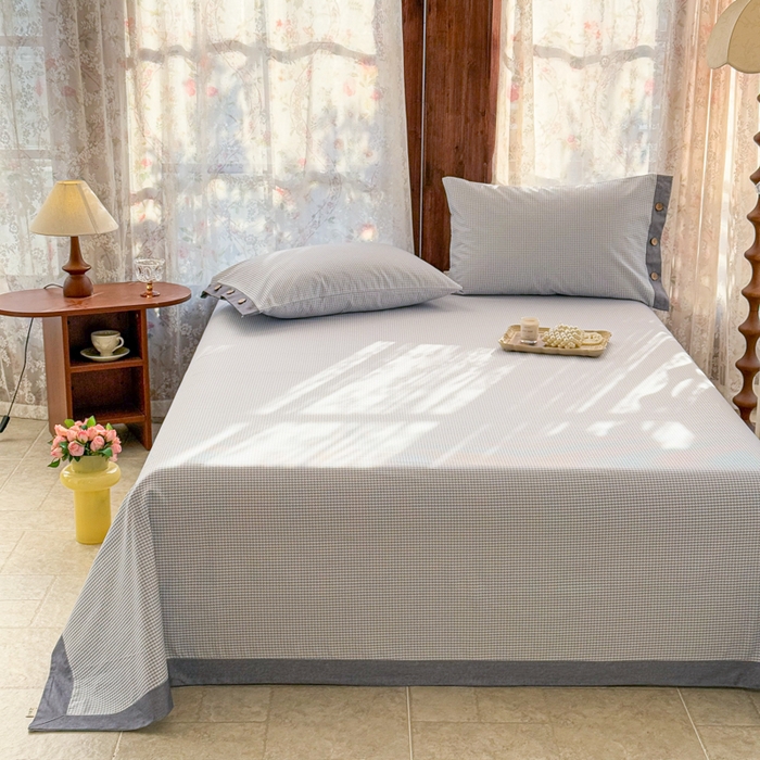 91家纺网 家纺一手货源 找家纺 简宜家居 2025新款宽边纯棉全棉老粗布床单 千鸟格-蓝宽边