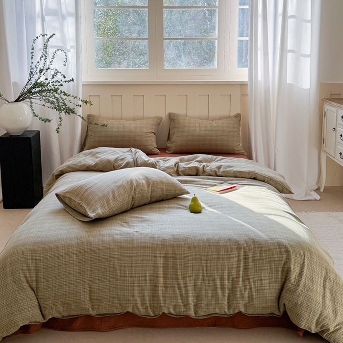 91家纺网 家纺一手货源 找家纺 萝莉家纺 2025新款复古全棉A类色织双层纱皱皱纱格子四件套 浮生湖蓝