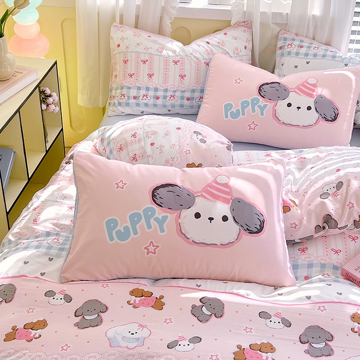 91家纺网 家纺一手货源 找家纺 大麦乐田2025新款超柔大版印花四件套 俏皮小奶狗